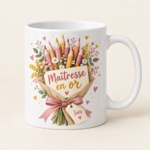 Mug personnalisé « Maîtresse en or — Bouquet de crayons » — mug blanc personnalisé 11 oz